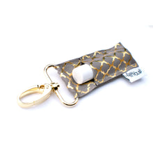 Load image into Gallery viewer, Gold Quatrefoil on Charcoal LippyClip® Lip Balm Holder