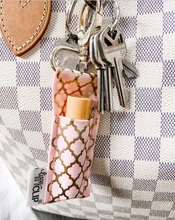 Load image into Gallery viewer, Gold Quatrefoil on Light Pink LippyClip® Lip Balm Holder