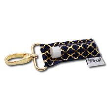 Load image into Gallery viewer, Gold Quatrefoil on Navy LippyClip® Lip Balm Holder