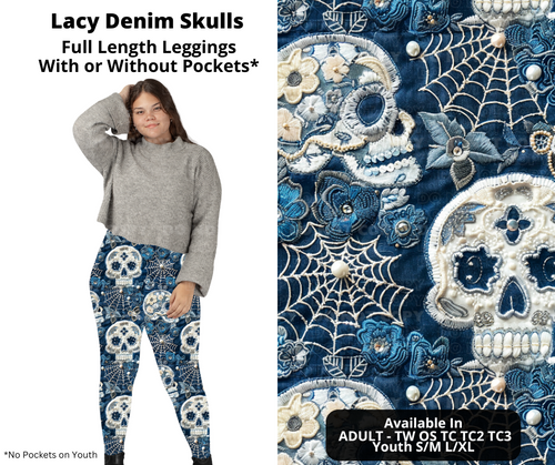 Preorder! Closes 11/7. ETA Jan. Lacy Denim Skulls Full Length Leggings w/wo Pockets