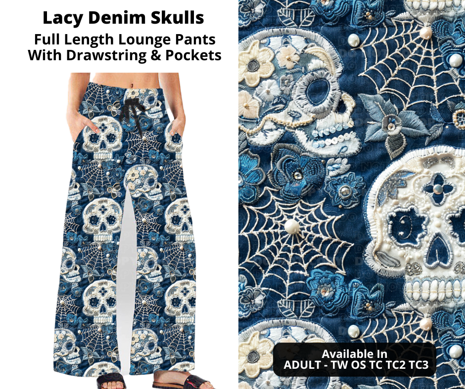 Preorder! Closes 11/7. ETA Jan. Lacy Denim Skulls Full Length Lounge Pants