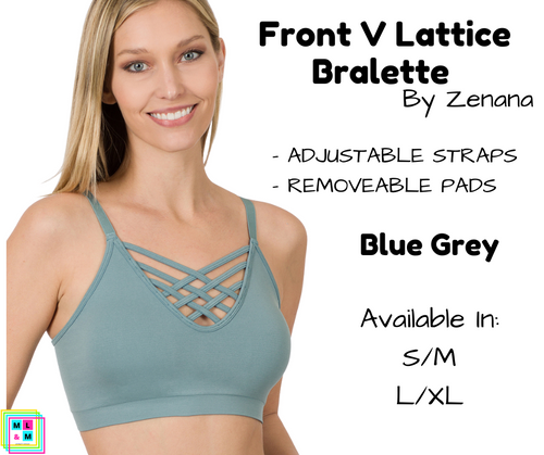 Front V Lattice Bralette - Blue Grey