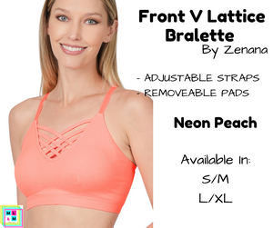 Front V Lattice Bralette - Neon Peach
