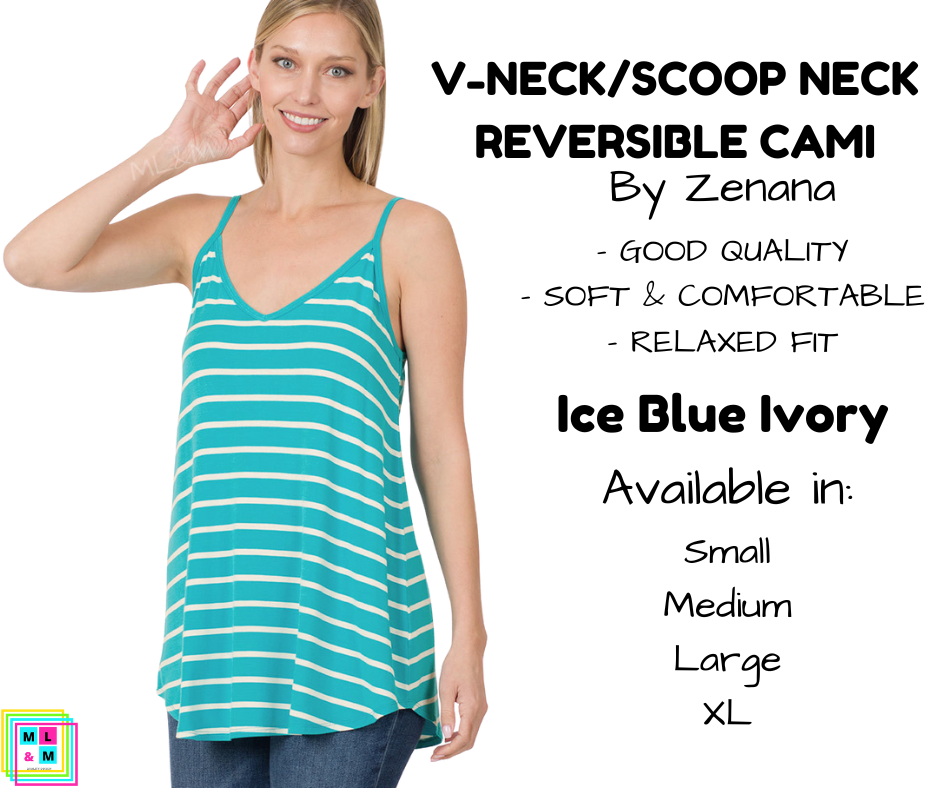 V-Neck/Scoop Neck Reversible Cami - Ice Blue/Ivory