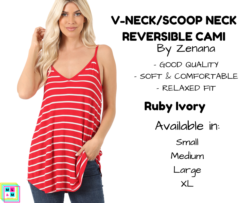 V-Neck/Scoop Neck Reversible Cami - Ruby/Ivory