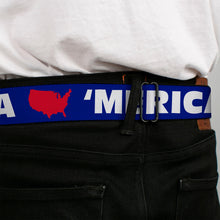 Load image into Gallery viewer, BD Wings Logo CLOSE-UP Full Color Black Silver Seatbelt Belt - 'MERICA/USA Silhouette Blue/White/Red Webbing