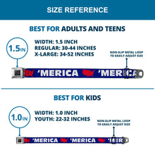 Load image into Gallery viewer, BD Wings Logo CLOSE-UP Full Color Black Silver Seatbelt Belt - 'MERICA/USA Silhouette Blue/White/Red Webbing