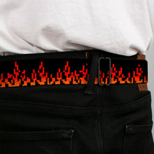Load image into Gallery viewer, BD Wings Logo CLOSE-UP Black/Silver Seatbelt Belt - 8-Bit Pixel Flames Black/Oranges/Reds Webbing