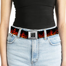 Load image into Gallery viewer, BD Wings Logo CLOSE-UP Black/Silver Seatbelt Belt - 8-Bit Pixel Flames Black/Oranges/Reds Webbing