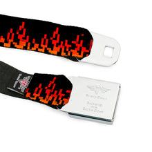 Load image into Gallery viewer, BD Wings Logo CLOSE-UP Black/Silver Seatbelt Belt - 8-Bit Pixel Flames Black/Oranges/Reds Webbing