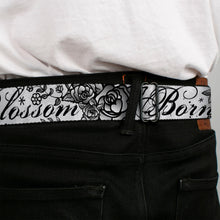 Load image into Gallery viewer, BD Wings Logo CLOSE-UP Full Color Black Silver Seatbelt Belt - Born to Blossom Black/White Webbing