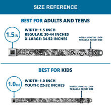 Load image into Gallery viewer, BD Wings Logo CLOSE-UP Full Color Black Silver Seatbelt Belt - Born to Blossom Black/White Webbing