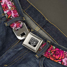 Load image into Gallery viewer, BD Wings Logo CLOSE-UP Full Color Black Silver Seatbelt Belt - Born to Blossom CLOSE-UP White Webbing