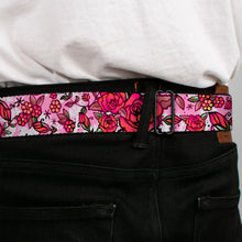 Load image into Gallery viewer, BD Wings Logo CLOSE-UP Full Color Black Silver Seatbelt Belt - Born to Blossom CLOSE-UP White Webbing