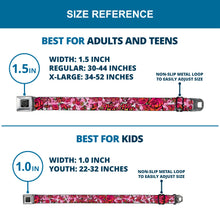 Load image into Gallery viewer, BD Wings Logo CLOSE-UP Full Color Black Silver Seatbelt Belt - Born to Blossom CLOSE-UP White Webbing
