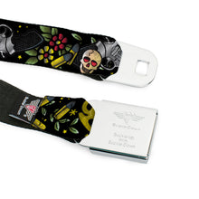 Load image into Gallery viewer, BD Wings Logo CLOSE-UP Full Color Black Silver Seatbelt Belt - Born to Raise Hell CLOSE-UP Black Webbing