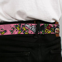 Load image into Gallery viewer, BD Wings Logo CLOSE-UP Full Color Black Silver Seatbelt Belt - Born to Raise Hell CLOSE-UP Pink Webbing