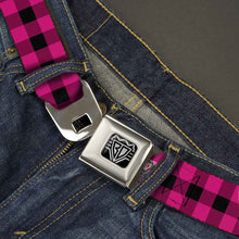 Load image into Gallery viewer, BD Wings Logo CLOSE-UP Full Color Black Silver Seatbelt Belt - Buffalo Plaid Black/Fuchsia Webbing