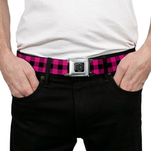 Load image into Gallery viewer, BD Wings Logo CLOSE-UP Full Color Black Silver Seatbelt Belt - Buffalo Plaid Black/Fuchsia Webbing
