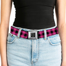 Load image into Gallery viewer, BD Wings Logo CLOSE-UP Full Color Black Silver Seatbelt Belt - Buffalo Plaid Black/Fuchsia Webbing