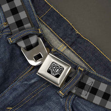 Load image into Gallery viewer, BD Wings Logo CLOSE-UP Full Color Black Silver Seatbelt Belt - Buffalo Plaid Black/Gray Webbing