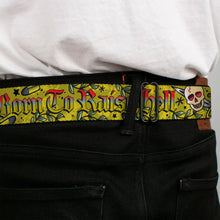 Load image into Gallery viewer, BD Wings Logo CLOSE-UP Full Color Black Silver Seatbelt Belt - Born to Raise Hell Yellow Webbing
