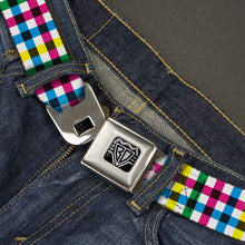 Load image into Gallery viewer, BD Wings Logo CLOSE-UP Full Color Black Silver Seatbelt Belt - Buffalo Plaid White/Multi Color Webbing