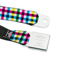 Load image into Gallery viewer, BD Wings Logo CLOSE-UP Full Color Black Silver Seatbelt Belt - Buffalo Plaid White/Multi Color Webbing