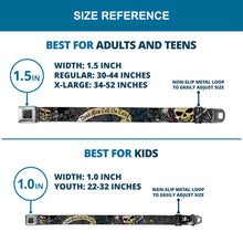 Load image into Gallery viewer, BD Wings Logo CLOSE-UP Full Color Black Silver Seatbelt Belt - Dead Men Tell No Tales Gray Webbing