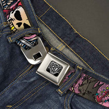 Load image into Gallery viewer, BD Wings Logo CLOSE-UP Full Color Black Silver Seatbelt Belt - Dead Men Tell No Tales Pink Webbing