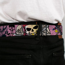Load image into Gallery viewer, BD Wings Logo CLOSE-UP Full Color Black Silver Seatbelt Belt - Dead Men Tell No Tales Pink Webbing