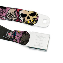 Load image into Gallery viewer, BD Wings Logo CLOSE-UP Full Color Black Silver Seatbelt Belt - Dead Men Tell No Tales Pink Webbing