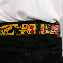 Load image into Gallery viewer, BD Wings Logo CLOSE-UP Full Color Black Silver Seatbelt Belt - Dad &amp; Dad Yellow Webbing