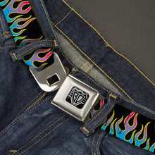Load image into Gallery viewer, BD Wings Logo CLOSE-UP Full Color Black Silver Seatbelt Belt - Flames Black/Blue/Pink Webbing