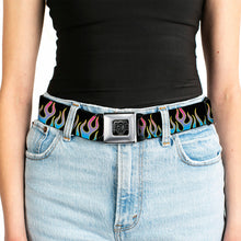 Load image into Gallery viewer, BD Wings Logo CLOSE-UP Full Color Black Silver Seatbelt Belt - Flames Black/Blue/Pink Webbing