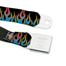 Load image into Gallery viewer, BD Wings Logo CLOSE-UP Full Color Black Silver Seatbelt Belt - Flames Black/Blue/Pink Webbing
