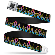 Load image into Gallery viewer, BD Wings Logo CLOSE-UP Full Color Black Silver Seatbelt Belt - Flames Black/Blue/Pink Webbing