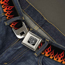 Load image into Gallery viewer, BD Wings Logo CLOSE-UP Full Color Black Silver Seatbelt Belt - Flames Black/Orange/Red Webbing