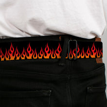 Load image into Gallery viewer, BD Wings Logo CLOSE-UP Full Color Black Silver Seatbelt Belt - Flames Black/Orange/Red Webbing