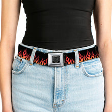 Load image into Gallery viewer, BD Wings Logo CLOSE-UP Full Color Black Silver Seatbelt Belt - Flames Black/Orange/Red Webbing