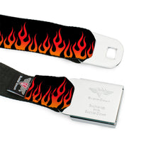 Load image into Gallery viewer, BD Wings Logo CLOSE-UP Full Color Black Silver Seatbelt Belt - Flames Black/Orange/Red Webbing