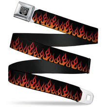 Load image into Gallery viewer, BD Wings Logo CLOSE-UP Full Color Black Silver Seatbelt Belt - Flames Black/Orange/Red Webbing