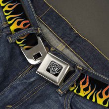 Load image into Gallery viewer, BD Wings Logo CLOSE-UP Full Color Black Silver Seatbelt Belt - Flames Black/Yellow/Orange Webbing