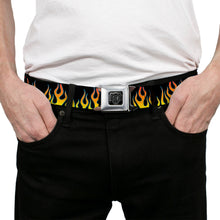 Load image into Gallery viewer, BD Wings Logo CLOSE-UP Full Color Black Silver Seatbelt Belt - Flames Black/Yellow/Orange Webbing