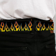 Load image into Gallery viewer, BD Wings Logo CLOSE-UP Full Color Black Silver Seatbelt Belt - Flames Black/Yellow/Orange Webbing