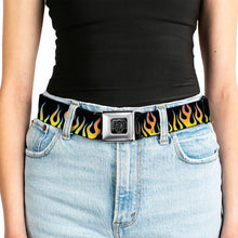 Load image into Gallery viewer, BD Wings Logo CLOSE-UP Full Color Black Silver Seatbelt Belt - Flames Black/Yellow/Orange Webbing