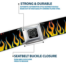 Load image into Gallery viewer, BD Wings Logo CLOSE-UP Full Color Black Silver Seatbelt Belt - Flames Black/Yellow/Orange Webbing