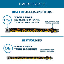 Load image into Gallery viewer, BD Wings Logo CLOSE-UP Full Color Black Silver Seatbelt Belt - Flames Black/Yellow/Orange Webbing