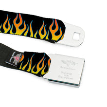Load image into Gallery viewer, BD Wings Logo CLOSE-UP Full Color Black Silver Seatbelt Belt - Flames Black/Yellow/Orange Webbing