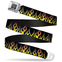Load image into Gallery viewer, BD Wings Logo CLOSE-UP Full Color Black Silver Seatbelt Belt - Flames Black/Yellow/Orange Webbing
